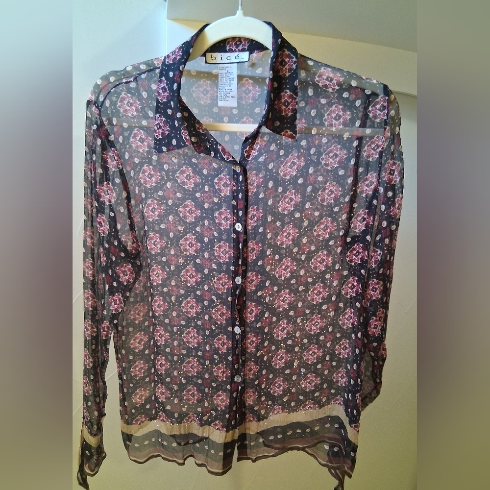 Bice' Silk Patterned Sheer Button-Up Blouse Size 6